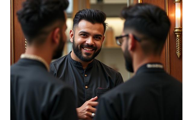 Carlos Ramirez, Master Stylist, engaged in a conversation with a client, gesturing towards a mirror with a warm, professional smile.