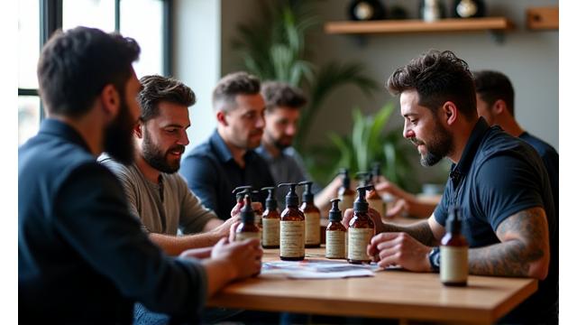 Group of men participating in an eco-friendly grooming workshop, learning about natural products.